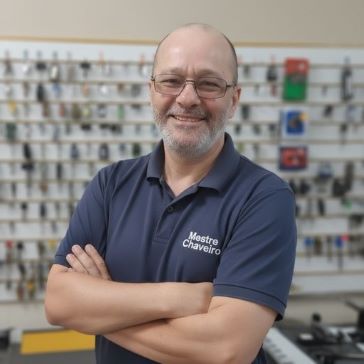 Retrato de Antonio, o Mestre Chaveiro. Ele é um homem de óculos, sorridente e de braços cruzados, vestindo a camisa polo azul da empresa, com um painel de chaves desfocado ao fundo.